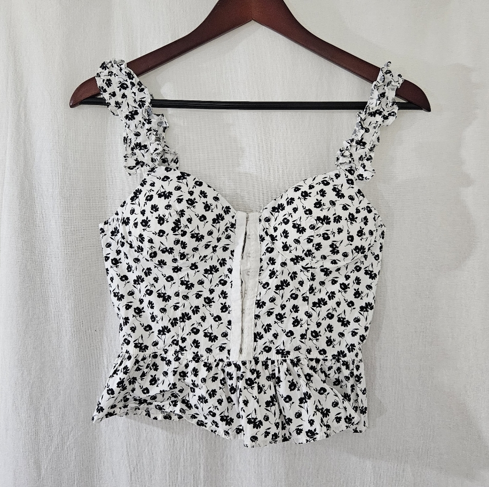 White Floral Ruffle Strap Peplum Top
